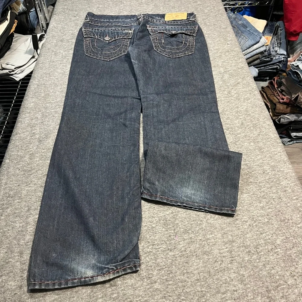True Religion Section Straight Jeans Mens 36x32 Dark Wash Triple Stitch Red